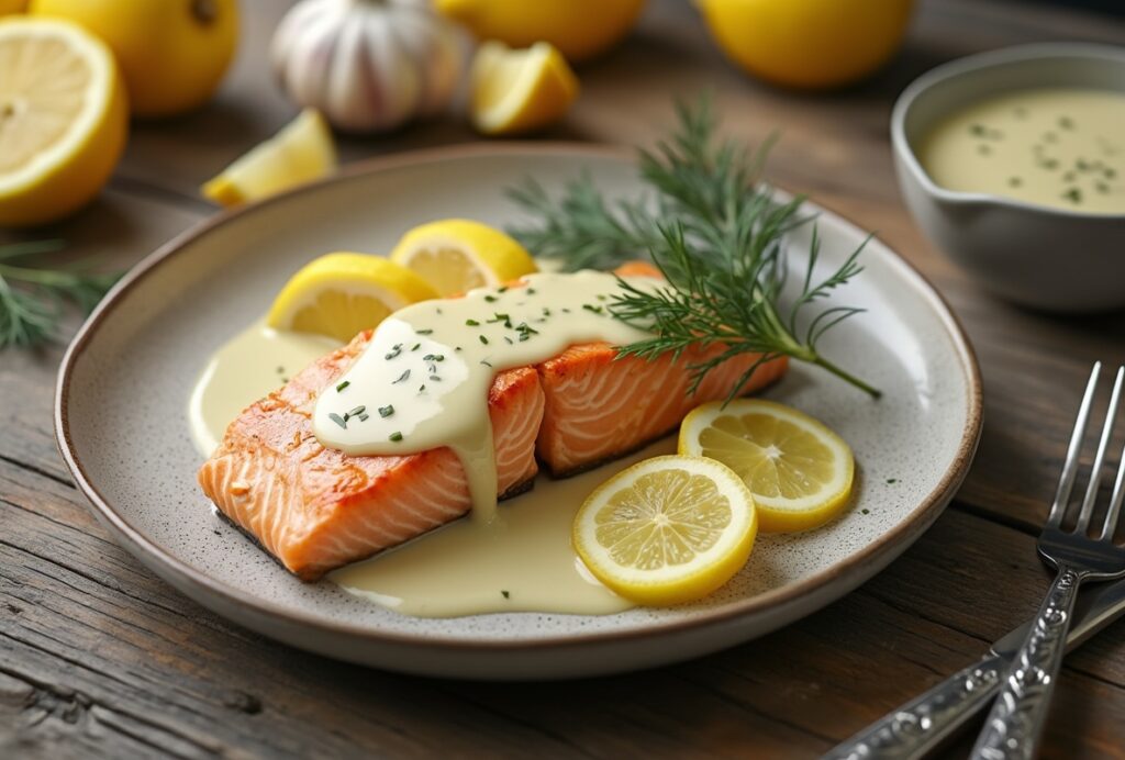 Creamy lemon garlic salmon on a rustic plate with dill and lemon slices.