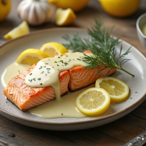 Creamy lemon garlic salmon on a rustic plate with dill and lemon slices.