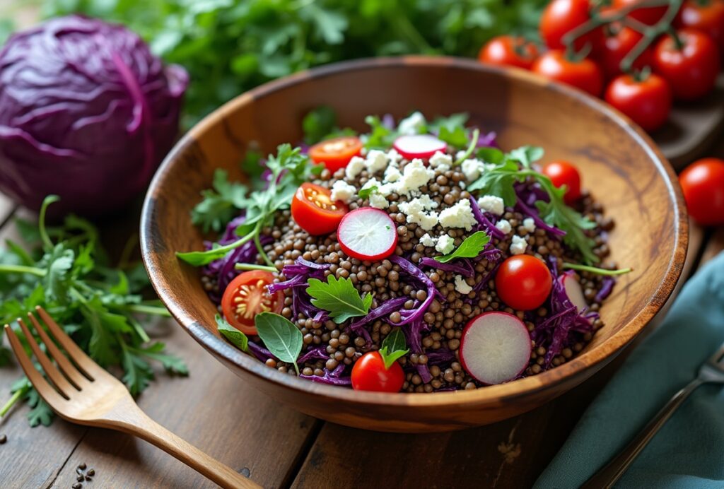 Red cabbage lentil salad with cherry tomatoes, radish, feta and herbs.