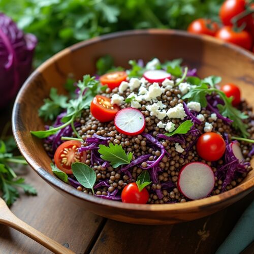 Red cabbage lentil salad with cherry tomatoes, radish, feta and herbs.