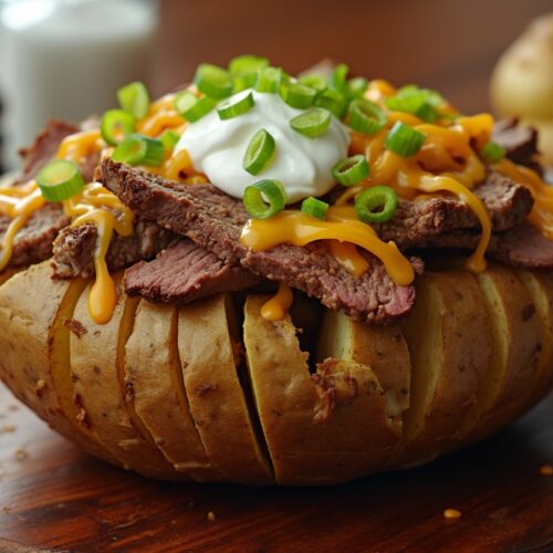 Mouth-watering Cheesesteak Potato Bowl with steak, cheese, sour cream.