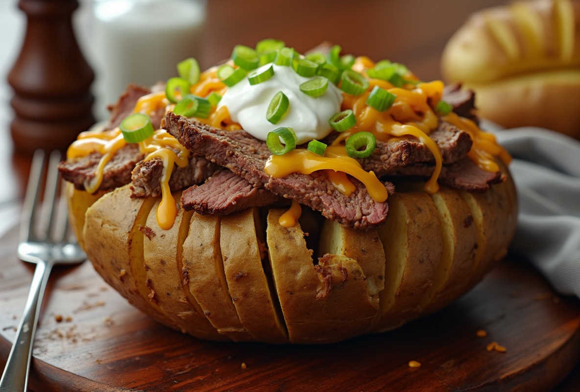 Mouth-watering Cheesesteak Potato Bowl with steak, cheese, sour cream.