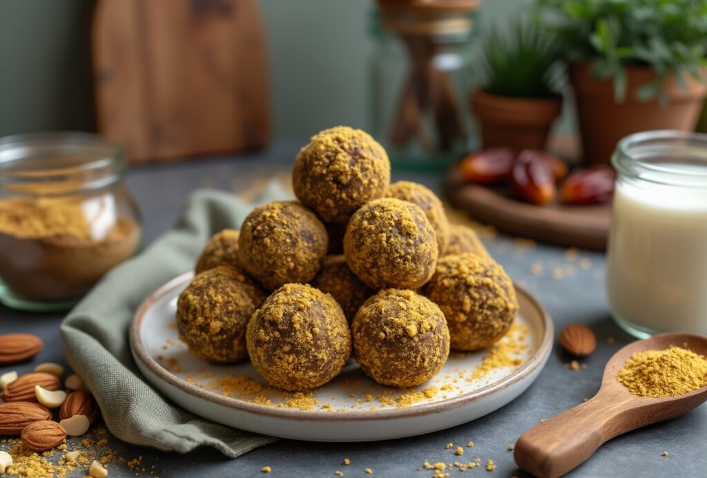 Homemade maca energy balls, a tasty snack with maca powder, almonds, and greenery.