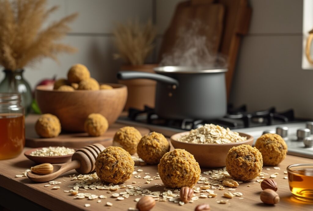 Energy balls made with maca powder, honey, and oat flakes on a rustic kitchen table.