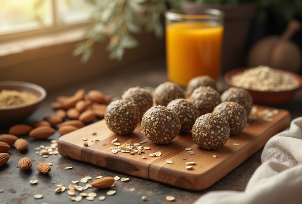 Energy balls with maca powder, nuts, oats, and orange juice.