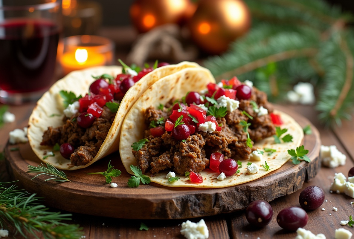 Appetizing meat tacos with cranberries and cheese on soft tortillas.