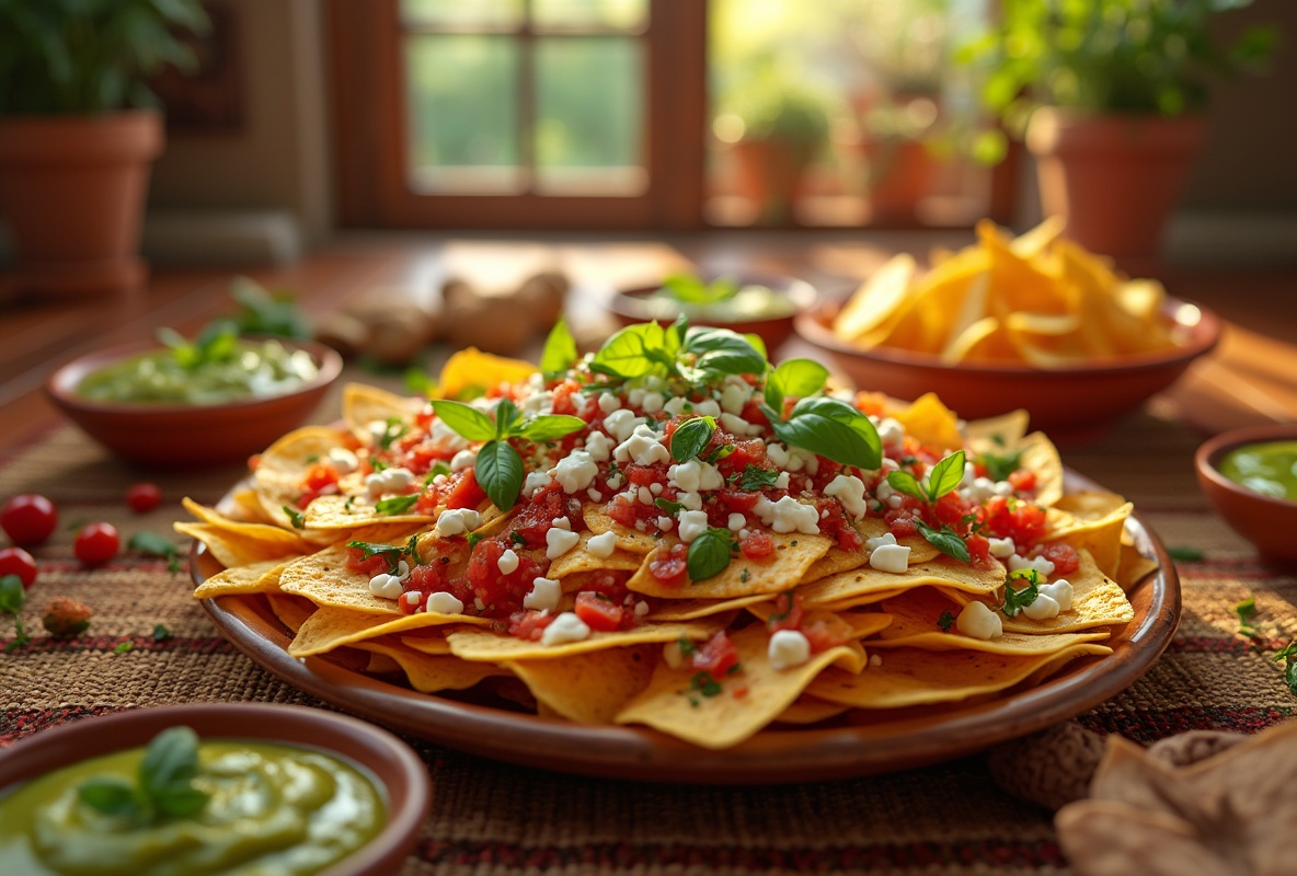 Origin of nachos explained with a plate of nachos featuring tomatoes, cheese, and basil.