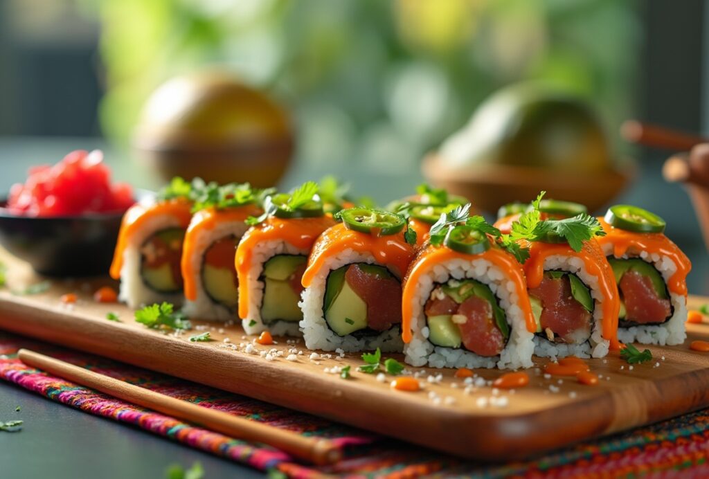 Vibrant Mexican sushi fusion with tuna, avocado, and orange sauce.