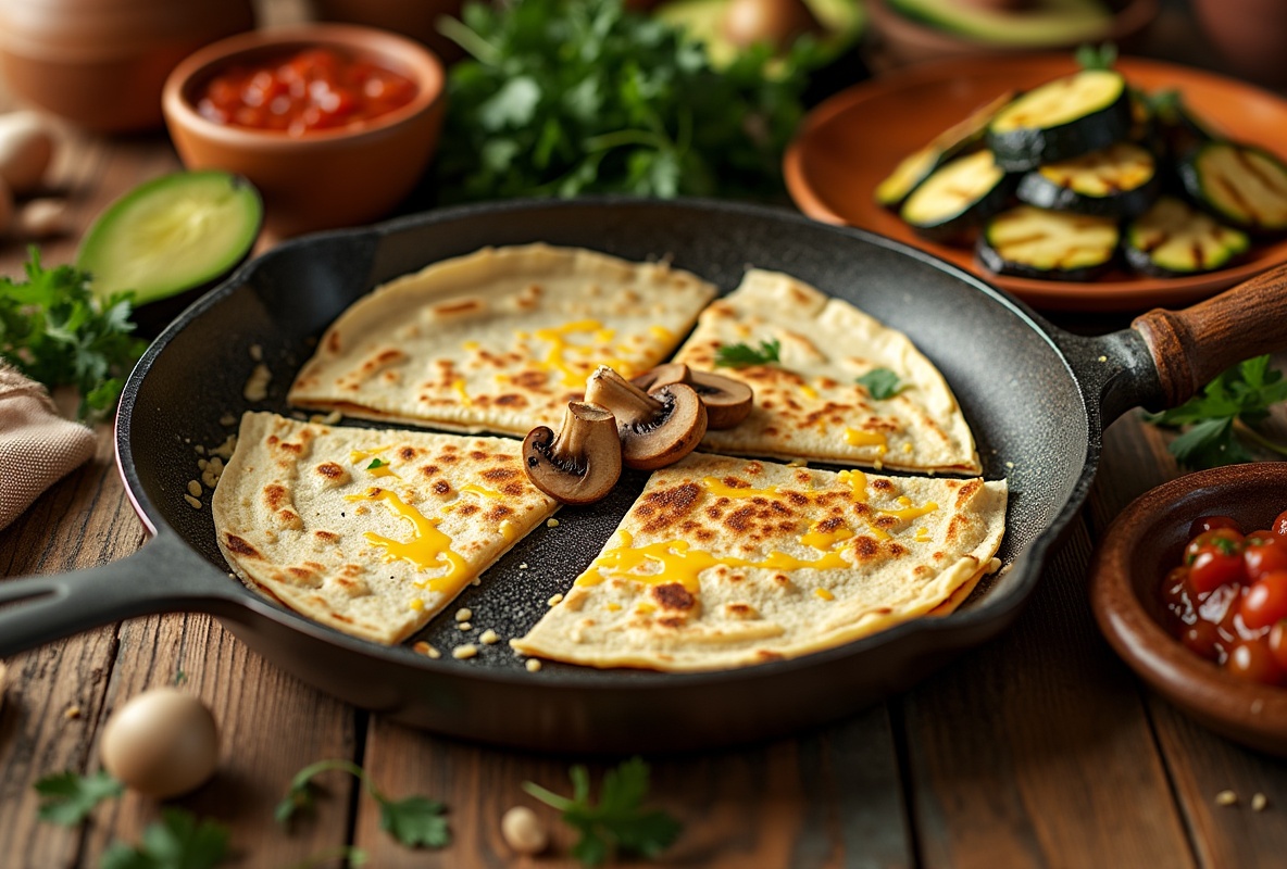 Quesadilla with cheese in skillet, mushrooms, avocado, salsa.