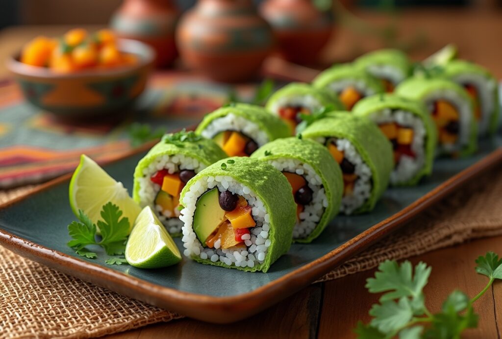 Colorful New Mexico roll platter with avocado wrap.