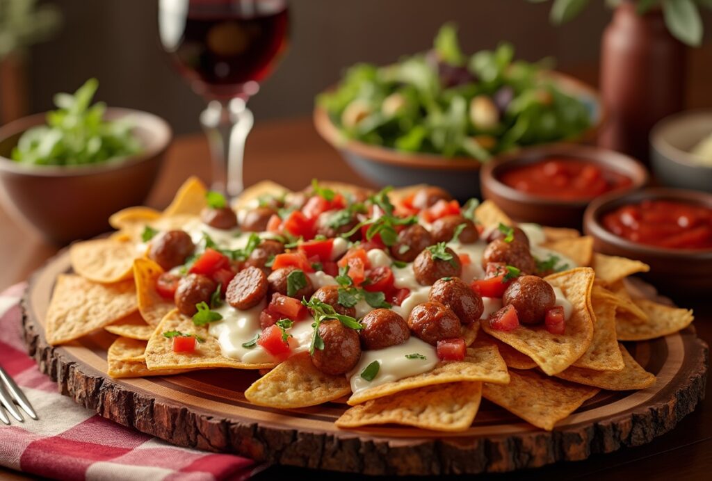 Olive Garden Italian nachos with sausage meatballs and cheese.