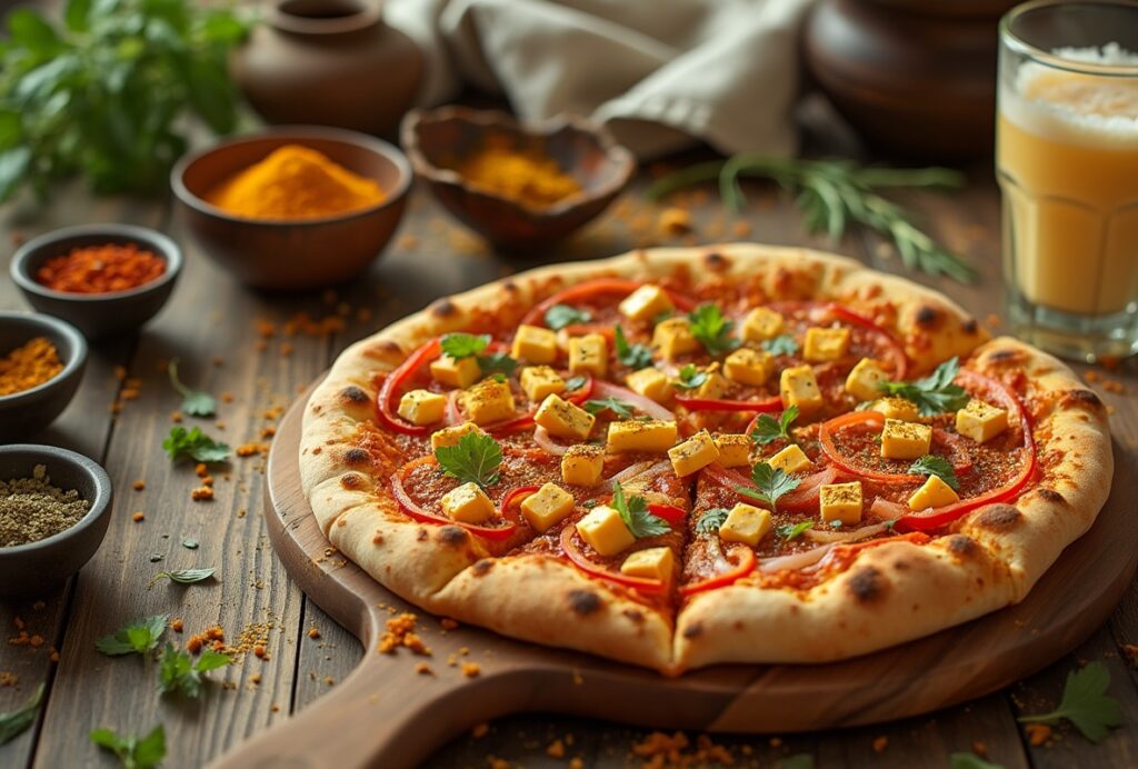 Pizza topped with paneer, peppers, and Indian spices bowls.