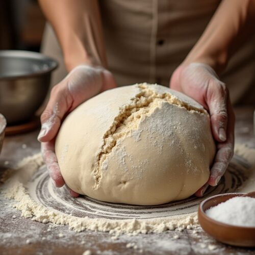 Hands holding fresh dough on floured surface for peasant bread.