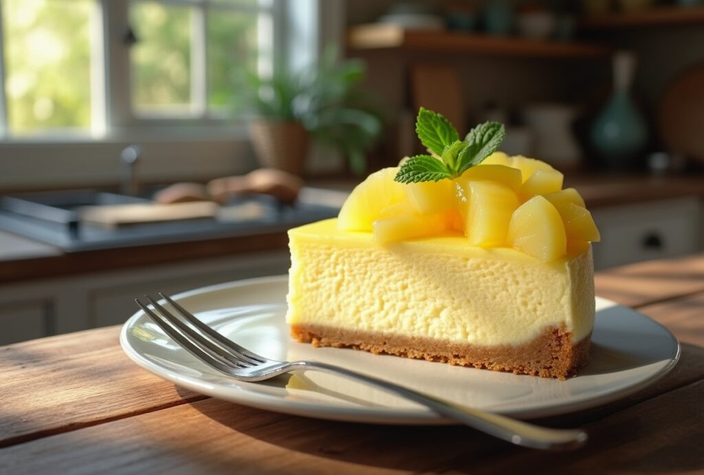 Tropical pineapple cheesecake with creamy texture and pineapple topping.