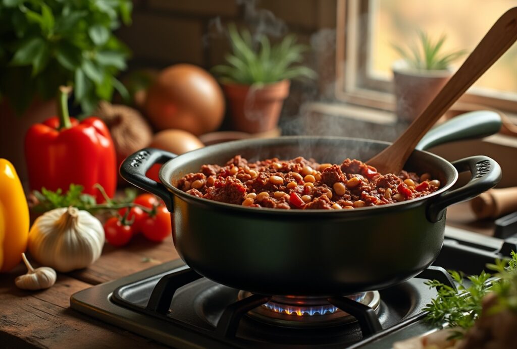 Vegan chili simmering in a green pot, filled with beans and veggies.