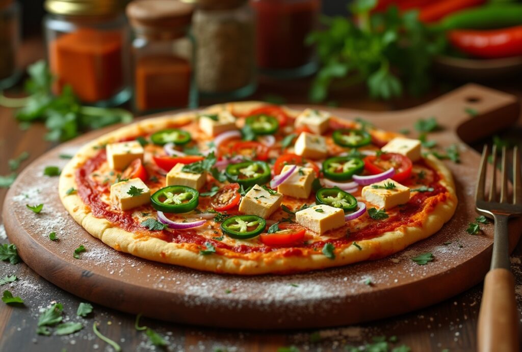 Punjabi-style pizza with paneer, chilies, and cilantro topping.