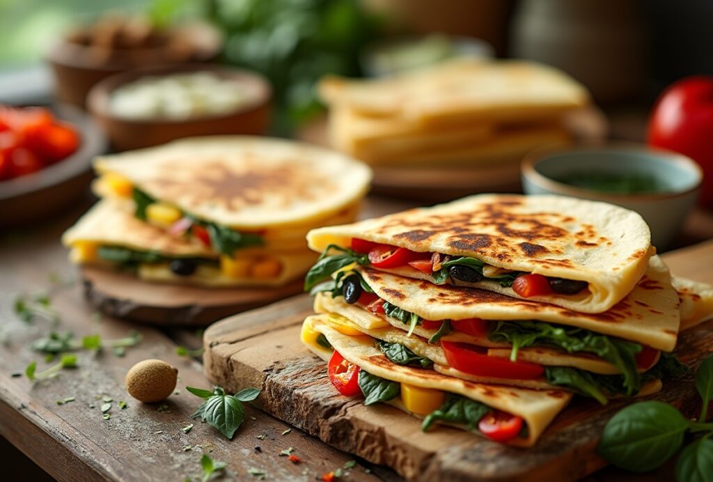 Quesadillas with cheese, bell peppers, and spinach on a board