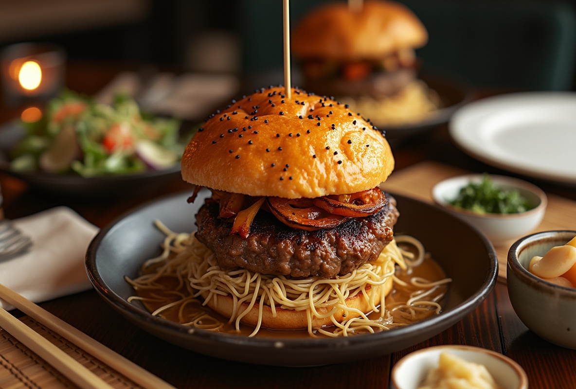 Ramen burger with beef patty and bell peppers on black plate.