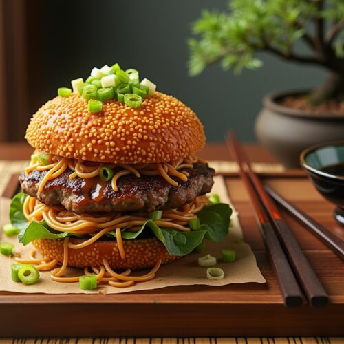 Ramen burger with ground beef patty, sesame buns, and green onions.