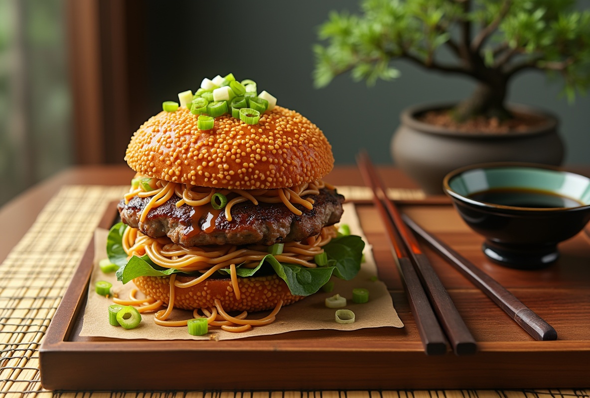 Ramen burger with ground beef patty, sesame buns, and green onions.