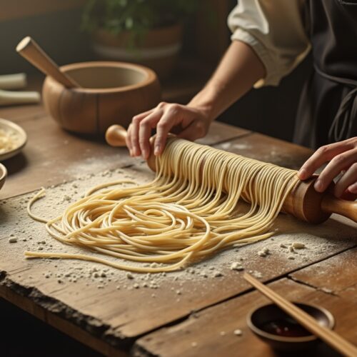 Chef rolling ramen noodles in rustic kitchen with seasoning.