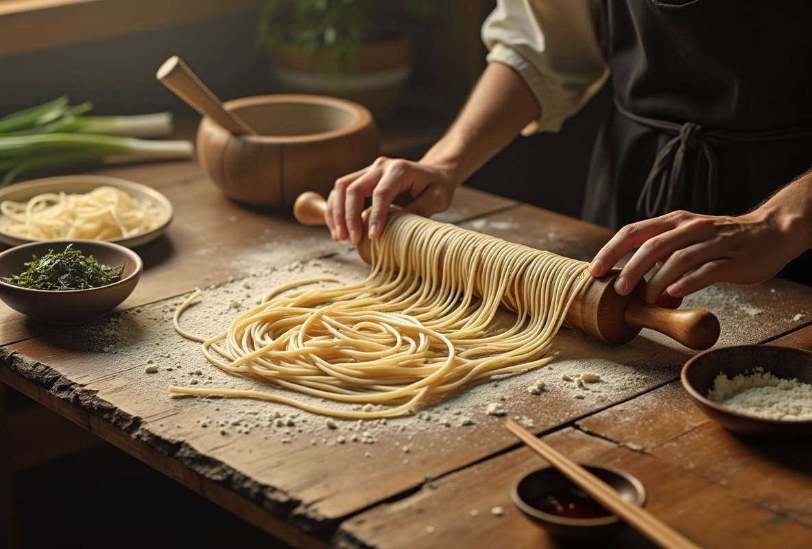 Chef rolling ramen noodles in rustic kitchen with seasoning.