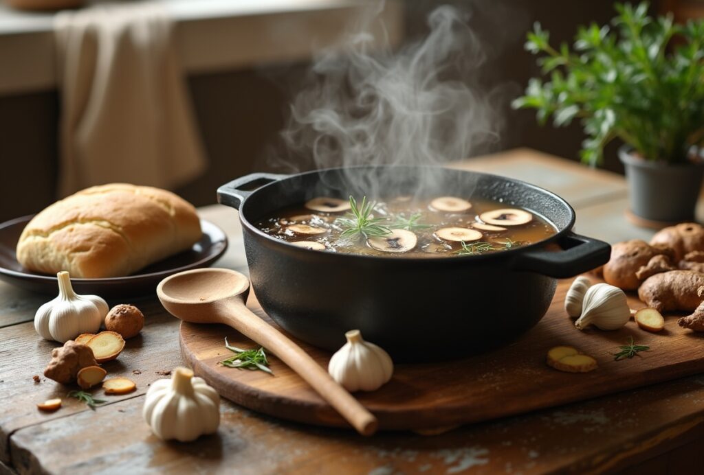 Pot of reishi mushroom soup with ingredients like ginger and garlic on a wooden table.