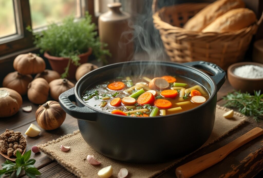 Vegetable soup in cast iron pot highlighting Reishi mushroom flavor