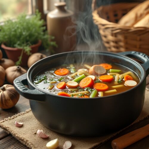 Vegetable soup in cast iron pot highlighting Reishi mushroom flavor