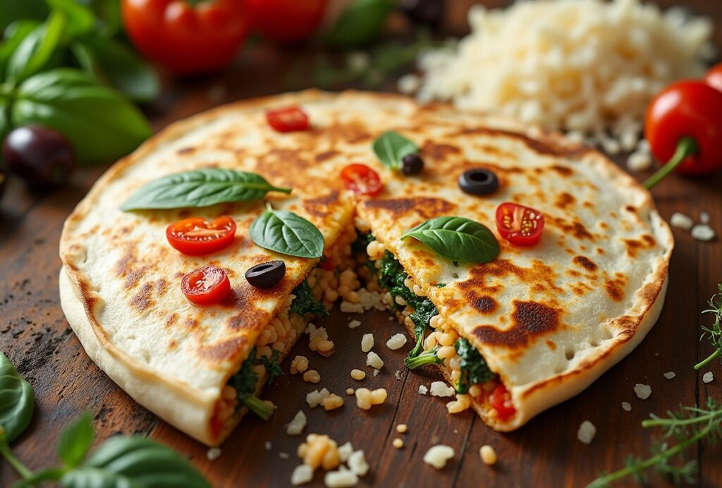 Rice-stuffed quesadilla with spinach and corn, topped with tomatoes and basil.