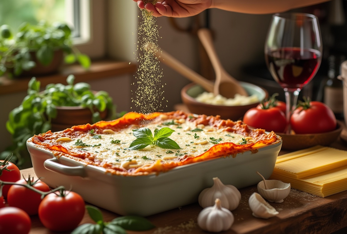 Freshly baked vegan lasagna topped with herbs and cheese.