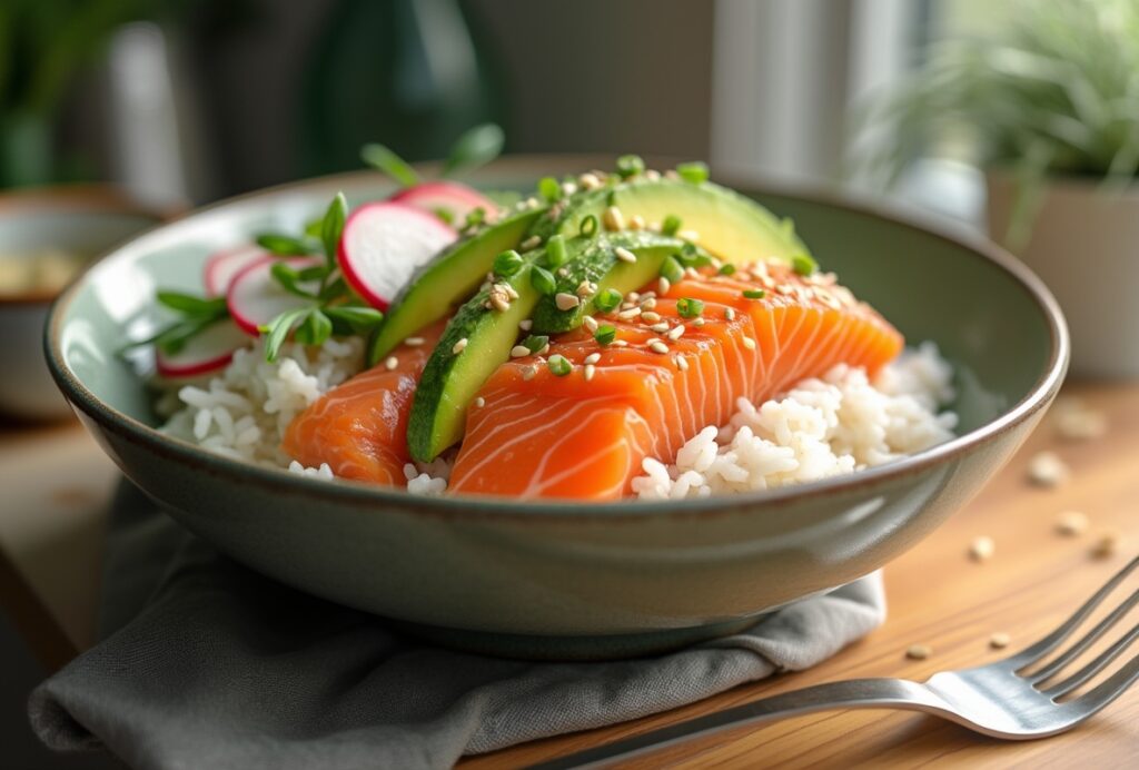 Salmon avocado rice bowl with radishes and scallions.