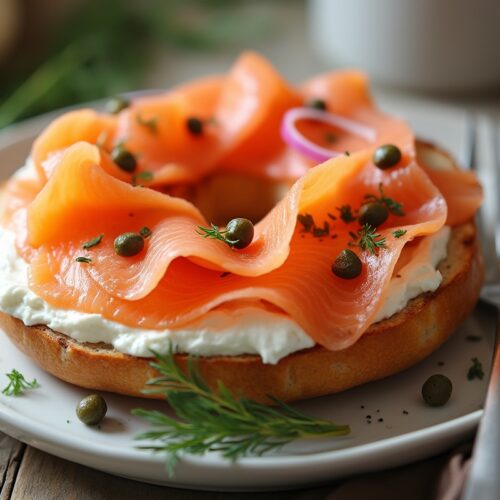 Smoked salmon bagel with cream cheese, capers, and dill.