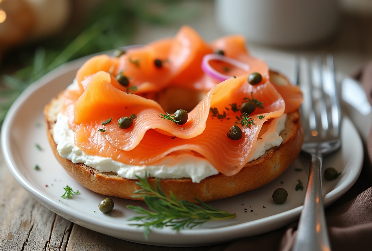 Smoked salmon bagel with cream cheese, capers, and dill.