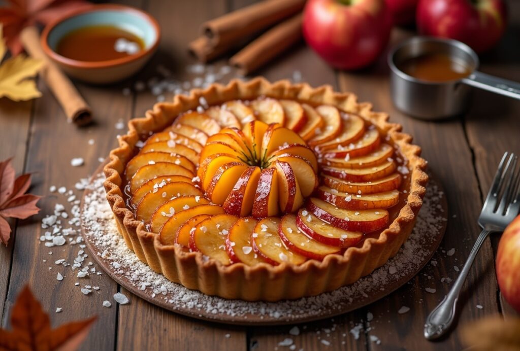 Caramelized apple tart with caramel sauce and apples on a table