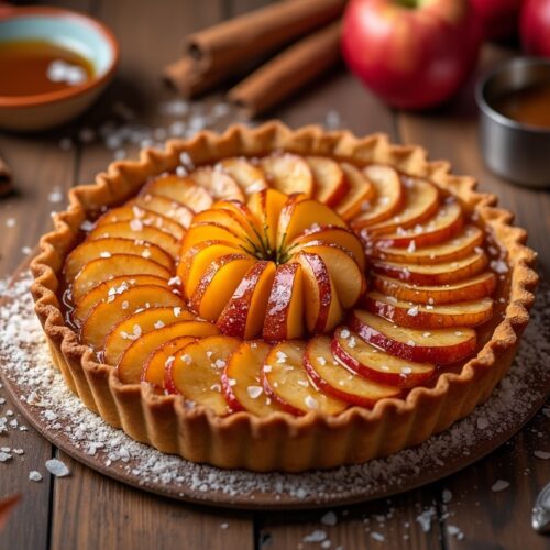 Caramelized apple tart with caramel sauce and apples on a table