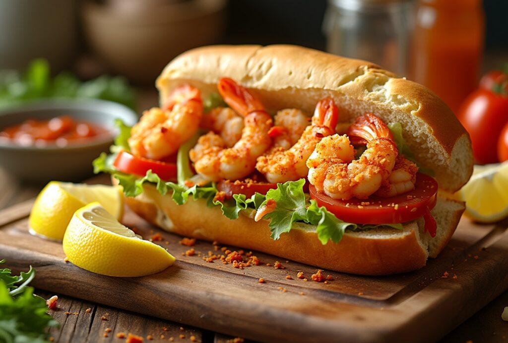 Spicy Shrimp Po' Boy on wooden board with tomato, lettuce, lemon.