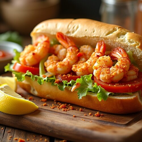 Spicy Shrimp Po' Boy on wooden board with tomato, lettuce, lemon.