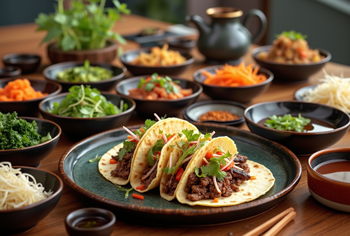 Traditional Korean BBQ side dishes with Korean BBQ tacos.