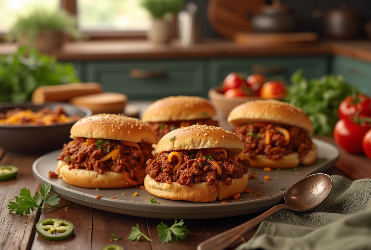 A platter of Sloppy Joe sandwiches, meaty mixture with herbs and jalapeño on toasted buns.