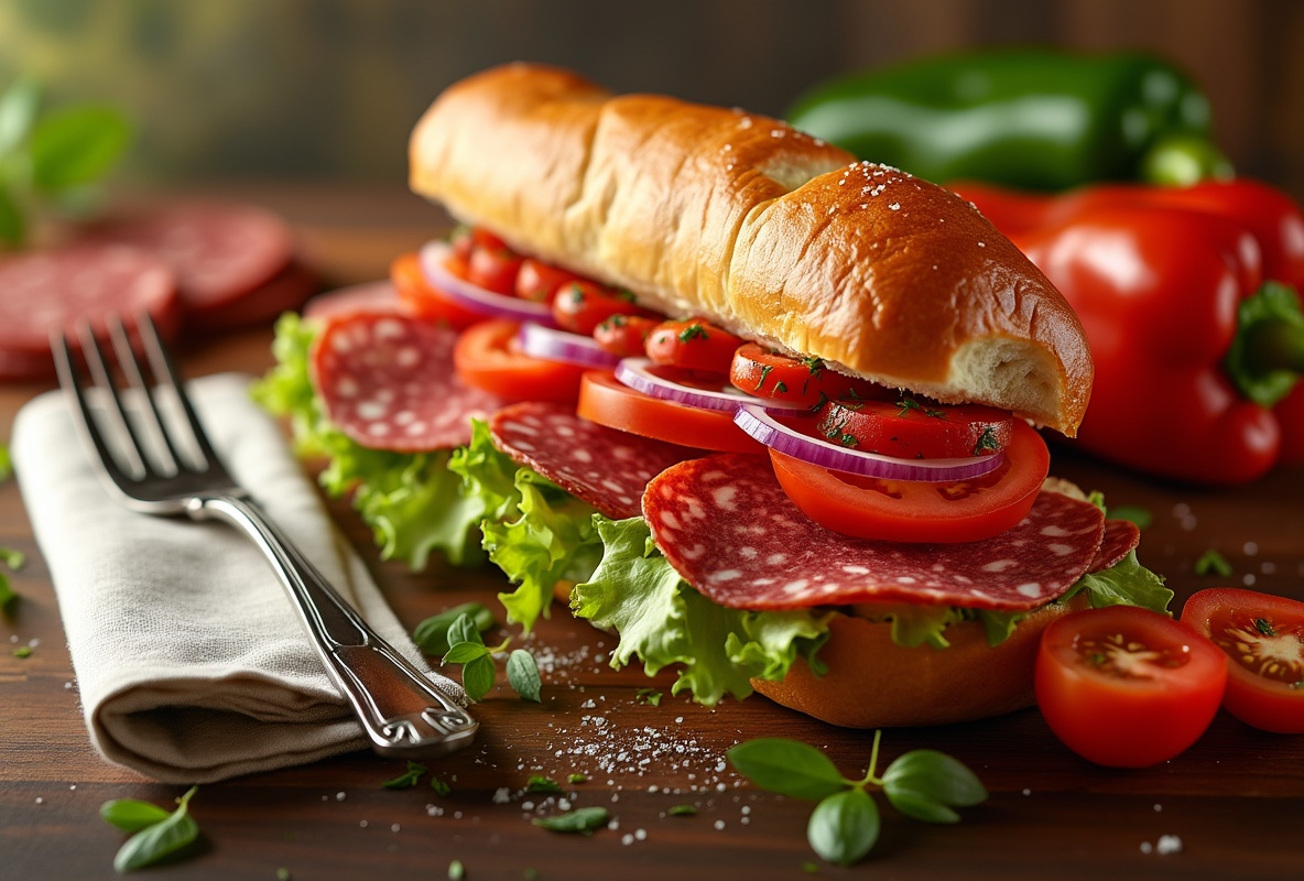 Quick Spicy Italian Sub with salamito, tomatoes, lettuce, and onions.