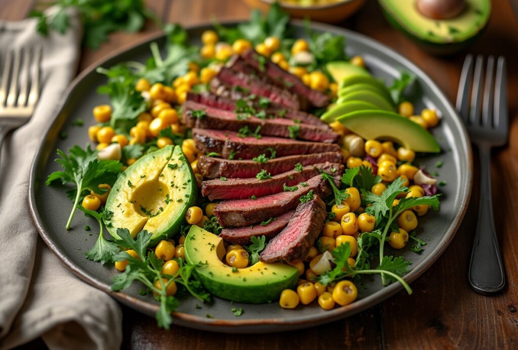 Steak and avocado salad with juicy, medium-rare beef and fresh avocado wedges.