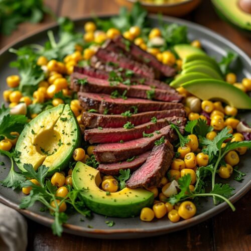 Steak and avocado salad with juicy, medium-rare beef and fresh avocado wedges.