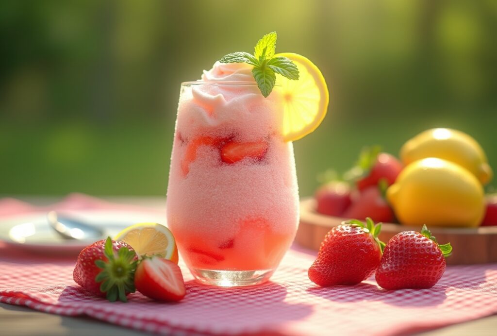 Refreshing strawberry lemonade slush with lemon slice and mint garnish.