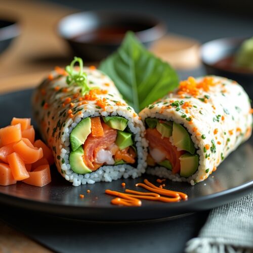 Sushi burrito with salmon, avocado, and cucumber on a black plate.