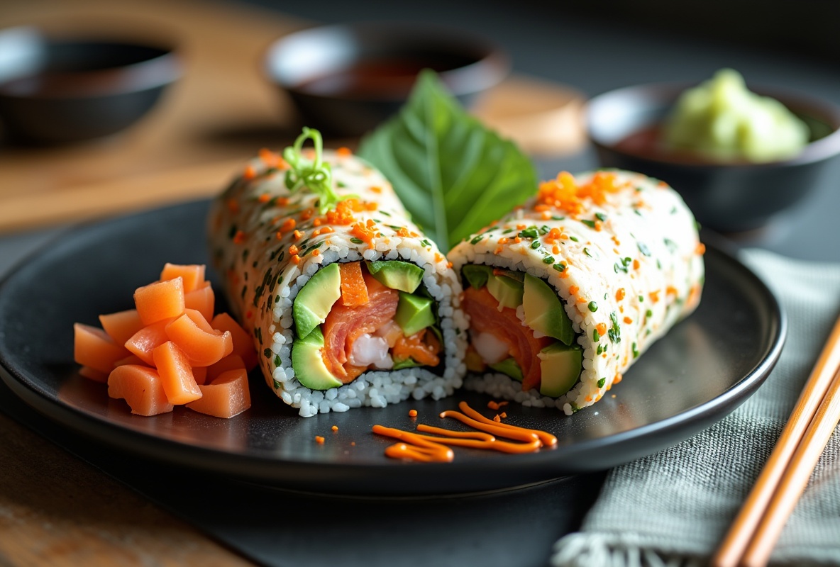 Sushi burrito with salmon, avocado, and cucumber on a black plate.