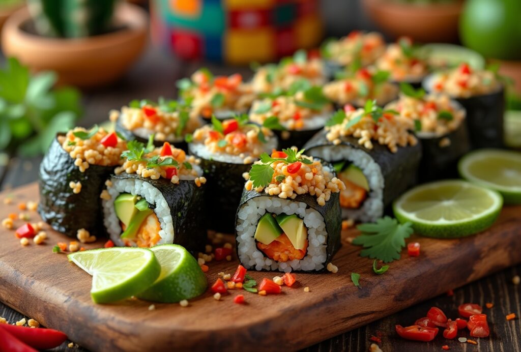 Assortment of Mexican sushi rolls with avocado, jalapeño, and cilantro.