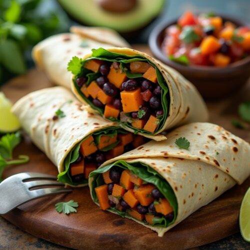 Sweet potato bean wrap with spinach on a wooden plate.