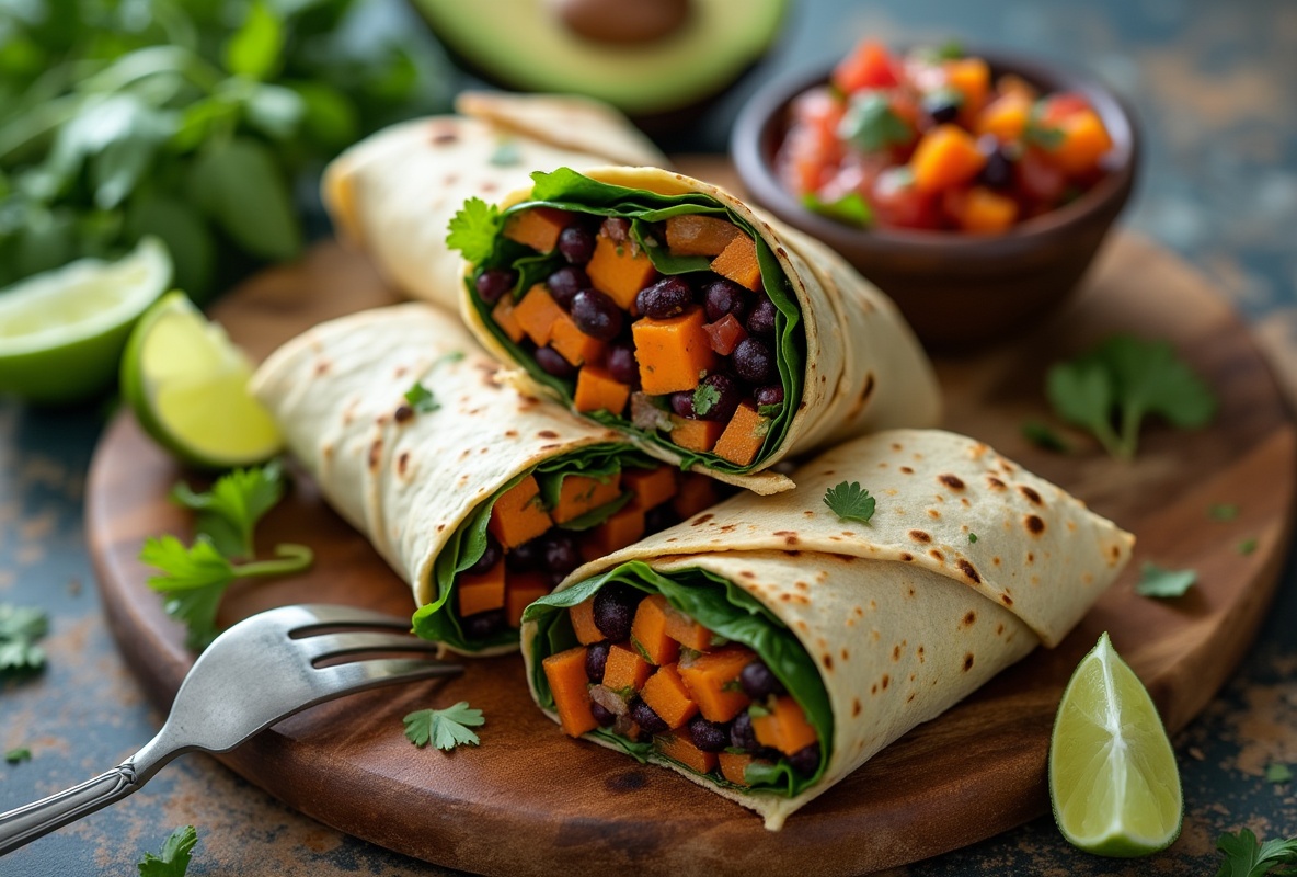 Sweet potato bean wrap with spinach on a wooden plate.