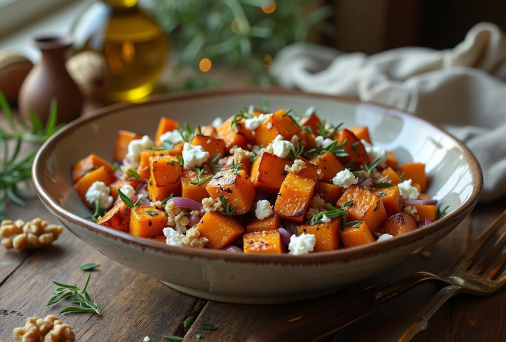 Sweet Potato Goat Cheese Salad with thyme and red onions.